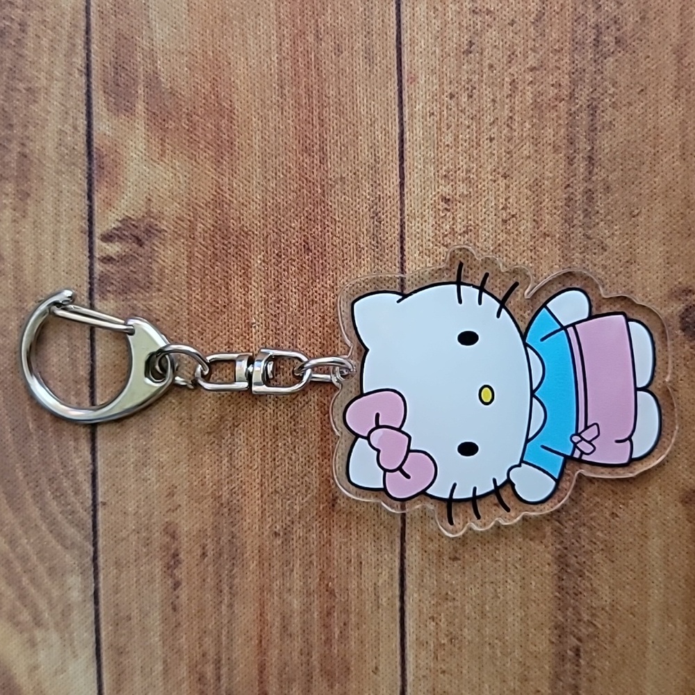 Cat Character Acrylic Accessory Keychain on Silver Toned Key Ring Hook